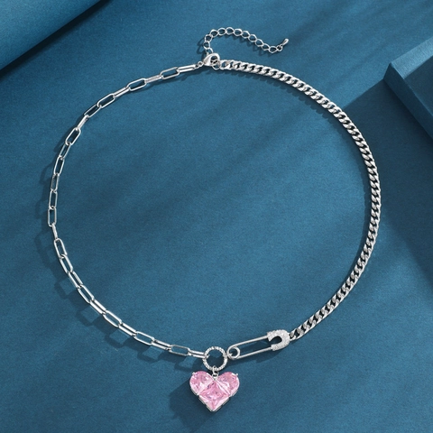 Pink Heart Pendant Necklace Titanium Steel Asymmetric Paperclip Chain Rhinestone Safety Pin Jewelry For Women