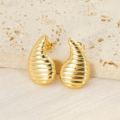 Water Drop Stud Earrings 18K Gold Plated Stainless Steel Threaded Texture Fashion Textured Jewelry Gifts For Women