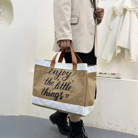 Grande Borsa Tote In Juta Con Cinturini In Pelle PU Bordo In Tela A Contrasto Borsa Da Donna Casual Pendolare