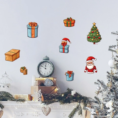 Pegatinas De Pared Navidad PVC Autoadhesivo Papá Noel Árbol Caja Regalo Dibujos Animados Calcomanías Decoración Ventana