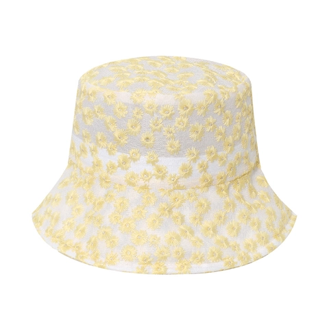 Women Daisy Embroidery Lace Bucket Hat Breathable Summer Mesh Sun Protection Fisherman Cap Sweet Floral Pastoral Style