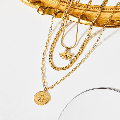 Multi Gelaagde Ketting Voor Dames Roestvrij Staal Zon Munt Hanger Slangenketting Cubaanse Ketting Boho Sieraden Met Zirkoon