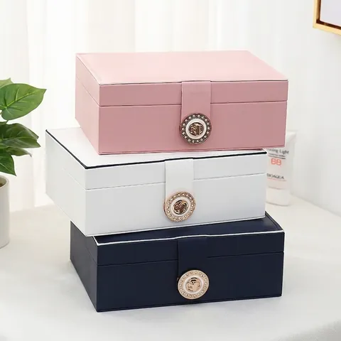 Double Layer PU Leather Jewelry Box Large Capacity Earring Ring Storage Organizer Case With Metal Rhinestone Lock For Women Jewelry