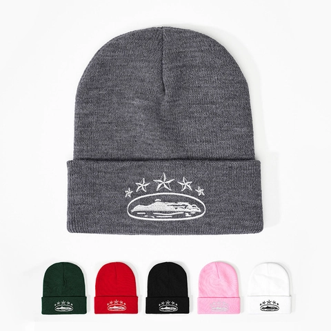 Bonnet Beanie Tricot Acrylique Chaud Coupe-Vent Hiver Décontracté Motif Étoiles Brodées Pour Hommes Femmes