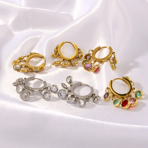 Hoop Earrings Stainless Steel With Colorful Zircon Tassels Dangling Charms Bohemian Niche Design Elegant For Women 18K Plated