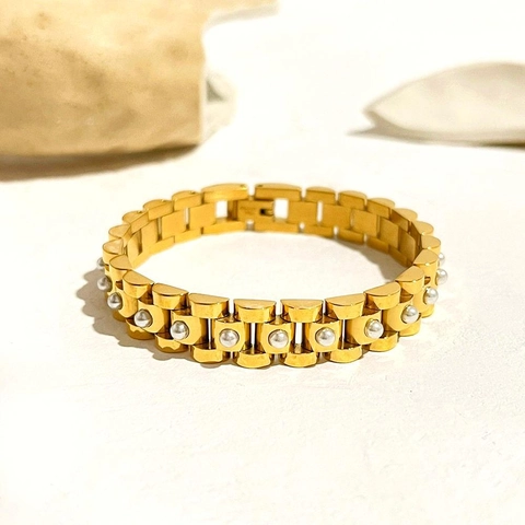 Luxury Stainless Steel Watch Band Bracelet 18K Gold Plated Faux Artificial Pearl Inlaid High End Unisex Non Fading Jewelry