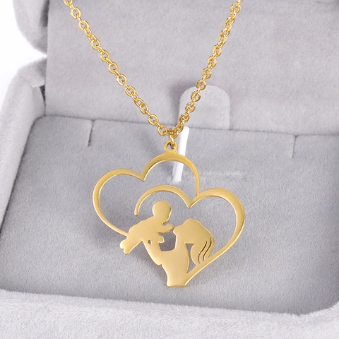 Collier Pendentif Cœur En Acier Inoxydable Silhouette Mère Enfant Ajourée Calligraphie Arabe Bijoux Cadeau Pour Femmes