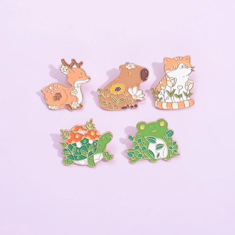Broches Émaillées Animaux Dessin Animé Mignon Alliage Capybara Grenouille Chat Cerf Tortue Fleur Pour Sacs Vêtements Bijoux