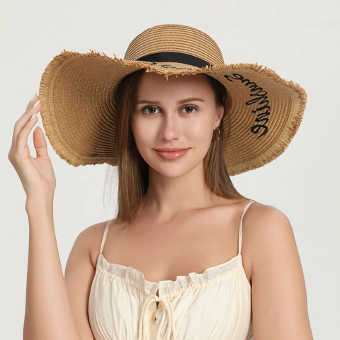 Cappello di Paglia a Tesa Larga da Donna Con Nastro Nero e Ricamo a Lettere Sunshine Cappello da Sole da Spiaggia Pieghevole per Vacanze Estive