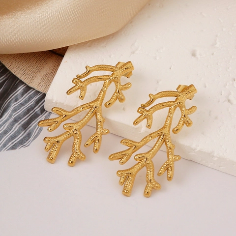 Coral Branch Dangle Earrings Gold Plated Stainless Steel Marine Style Seaweed Shape Fashion Jewelry For Women