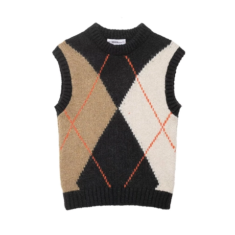 Dames Retro Argyle Gebreide Sweater Vest V-Hals Mouwloos Colorblock Preppy Britse Stijl Acryl Gebreide Top