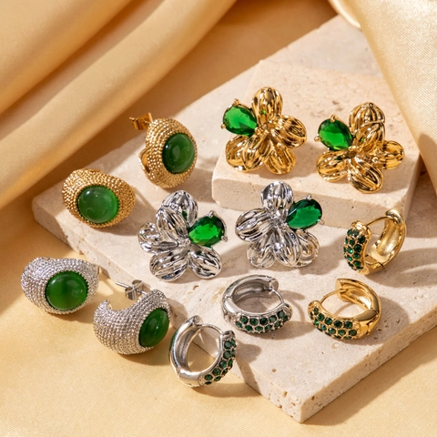 Franse Vintage Titanium Staal Creolen Smaragdgroen Zirconia Bloem Ontwerp Goud Zilver Vergulde Dames Sieraden Oorbellen