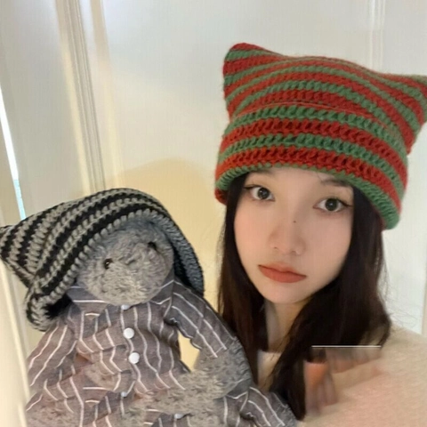 Katzenohren Beanie Mütze Gestrickt Gestreift Warm Häkeln Wintermütze Kawaii Japanischer Stil
