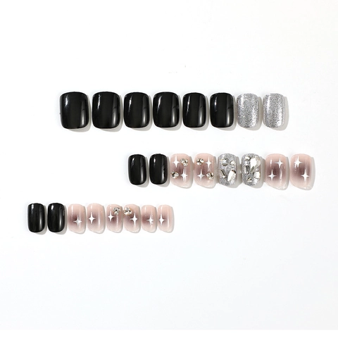 Uñas Postizas Cortas Cuadradas Negras Plateadas Con Purpurina Diamantes De Imitación Estrellas Dulce Y Genial