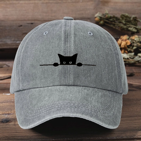 Gorra De Béisbol De Algodón Lavado Con Bordado De Gato Mirando Ajustable Sombrero De Sol Retro Mujeres Hombres Estilo Vintage