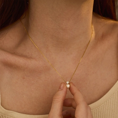 Elegante Collar de Acero Inoxidable Para Mujer Perla Artificial Circonia Dorado Plateado Cadena de Caja Joyería de Nicho