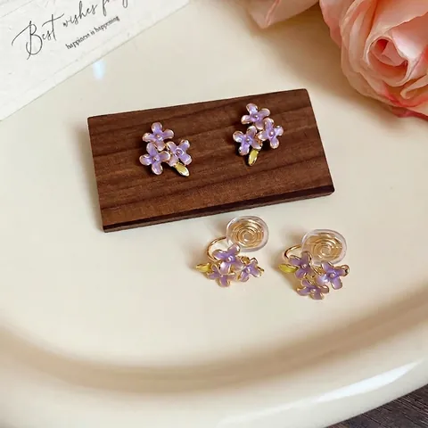Purple Lilac Flower Stud Earrings And Ear Clips With 925 Sterling Silver Earring Post Enamel Sweet Floral Jewelry