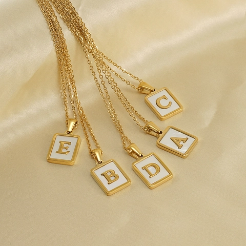 Initial Pendant Necklace 18K Gold Plated Stainless Steel Rectangle Square Shell Alphabet A-Z Dainty Jewelry For Women