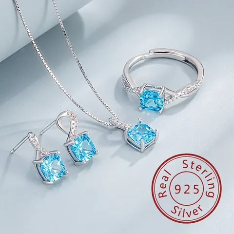 925 Sterling Silver Square Gemstone Jewelry Set For Women Emerald Green Blue Rhinestone Necklace Earrings And Ring Set