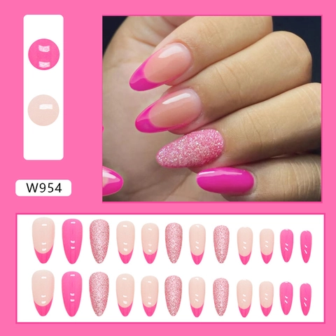 Roze French Tip Press On Nagels Amandelvorm Zoete Glitter Kunstnagels Voor Vrouwen
