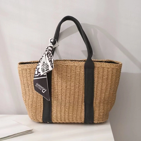 Stroh Gewebte Tragetasche Große Kapazität Handtasche Vintage Canvas Riemen Satinnschal Sommer Strand Urlaub Schultertasche Für Damen