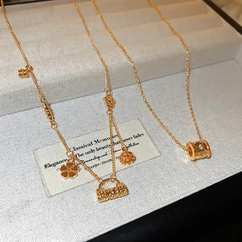 Collana In Rame Placcato Oro 18K Pendenti Fiore Borsa Serratura Di Sicurezza Zircone Intarsiato Catena Retro Gioielli Donna