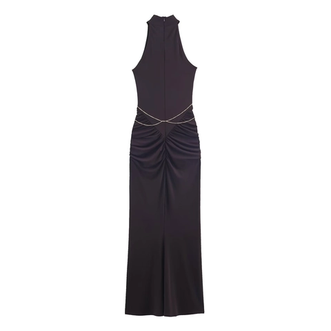 Women Halter Maxi Dress With Gold Metal Chain Sleeveless Slim Fit Ruched Elegant Vacation Evening Party Long Dress