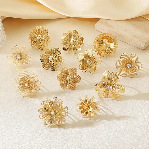 Anello Aperto Fiore Esagerato Per Donna In Acciaio Inossidabile Floreale Cavo Regolabile Con Perla Artificial Zircone Gioielli Eleganti
