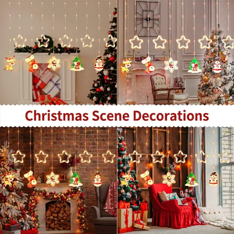 LED Curtain String Lights Christmas Reindeer Snowflake Star Icicle Window Decor Waterproof USB Battery Powered Remote Control