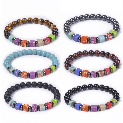 Natural Stone Chakra Healing Bracelet Handmade Tiger Eye Lava Rock Turquoise Beaded Elastic Yoga Meditation For Unisex