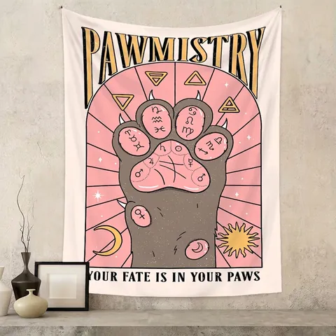 Pawmistry Cat Paw Tapestry Polyester Astrology Zodiac Wall Hanging Bohemian Vintage Mystical Home Decor