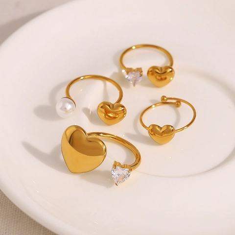 Stainless Steel Heart Ring For Women 18K Gold Plated Adjustable Open Zircon Artificial Pearl Minimalist Ins Style Finger Jewelry