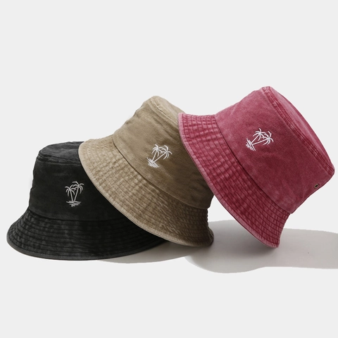 Cappello Da Pescatore In Cotone Lavato Ricamo Albero Di Cocco Vintage Protezione Solare Cappello Da Sole Per Uomo Donna