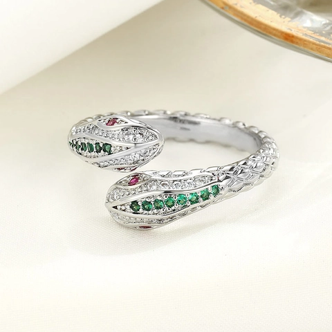 Doppelkopf Schlangenring Kupfer Mit Bunten Zirkonia Mikro Eingelegt Verstellbar Schuppen Textur Schmuck Frauen