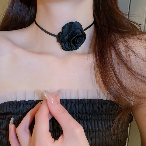 Große Schwarze Rose Blume Stoff Choker Halskette Elegante Band Schlüsselbein Kette Süßer Halsschmuck Für Damen