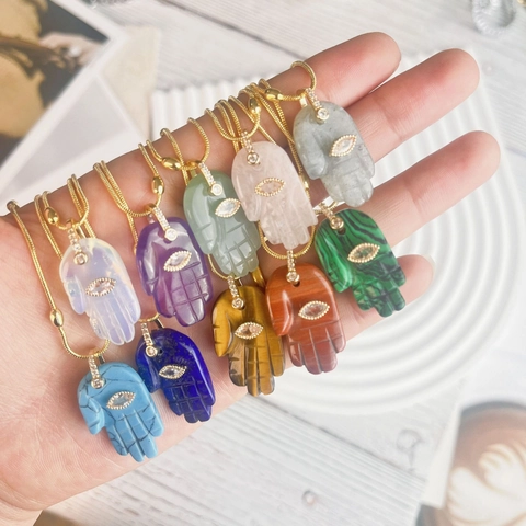 Hamsa Hand Boze Oog Hanger Halsketting Natuursteen Legering Verguld Slangenketting Etnisch Boheems Geluksamulet Sieraden Voor Dames