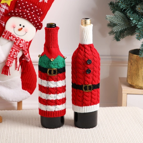 Christmas Wine Bottle Cover Knitted Santa Claus Elf Clothing Decor For Holiday Kitchen Dining Table Party Decorations