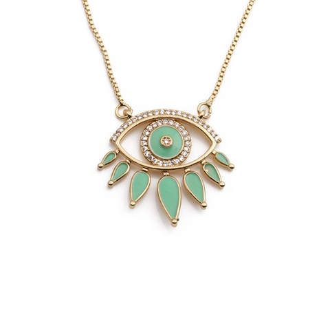 Vergulde Koperen Boze Oog Hanger Halsketting Met Emaille Traan Witte Zirkonia Etnische Boho Mode Sieraden Voor Dames