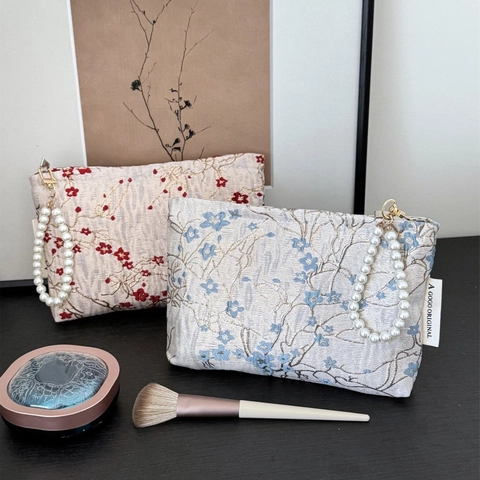 Makeup Bag Cosmetic Pouch With Artificial Pearl Handle Portable Zipper Polyester Storage Bag For Phone Coins Student Girls