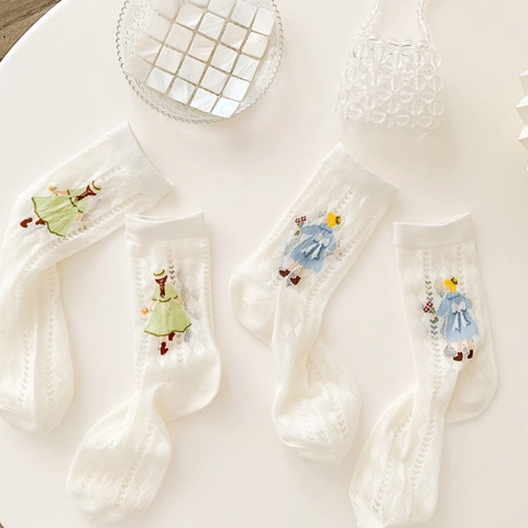 Women White Mesh Crew Socks Cotton Breathable Hollow Out Japanese Style Cute Cartoon Girl Embroidery Sweet
