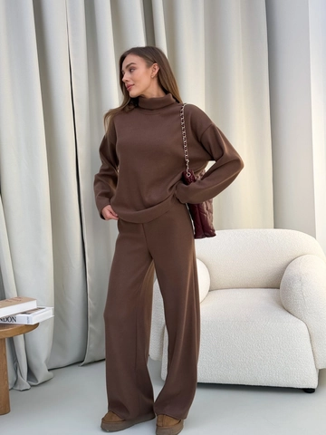 Dames Gebreide Trui Met Col Lange Mouwen En Wijde Broek Katoenmix Effen Kleur Casual Loungekleding Herfst Winter
