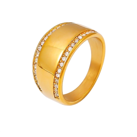 Lussuoso Anello a Banda Larga in Acciaio al Titanio per Donna Placcato Oro Argento Con Doppia Fila di Strass Intarsiato Minimalista Gioielli Regalo