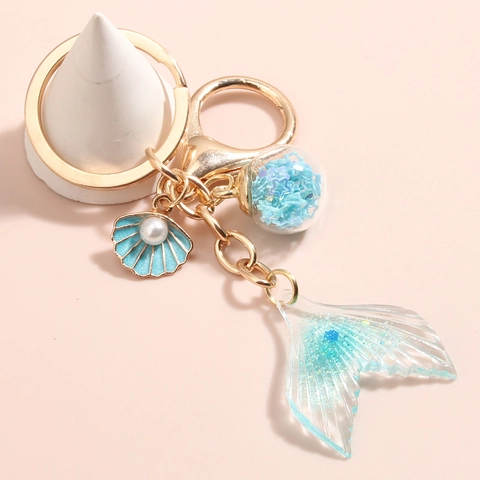 Ocean Mermaid Tail Keychain Pendant Gold Alloy Gradient Fish Scale Shell Starfish Heart Resin Rhinestone Keyring Women Jewelry