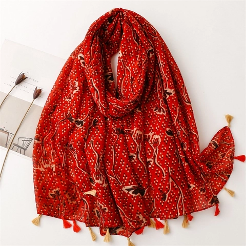 Écharpe Ethnique Pour Femmes Imprimé Fleuri Pois Voile De Polyester Châle À Glands Léger Boho Wrap Solaire Plage Voyage