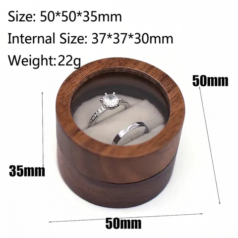 Round Walnut Wood Wedding Ring Box Velvet Moss Lining Clear Window Solid Lid Proposal Ceremony Engagement Jewelry Storage Box