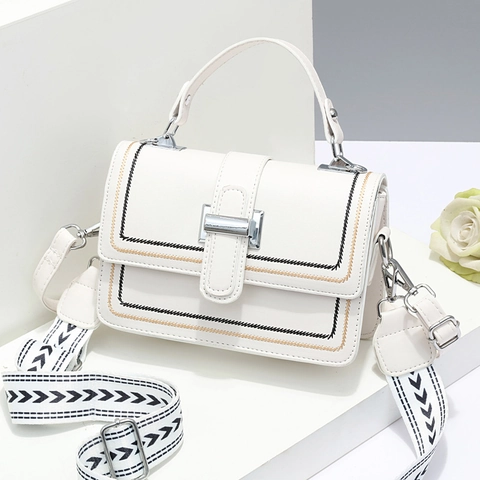 Fashion Women Square Crossbody Bag PU Leather Metal Buckle Wide Patterned Strap Contrast Stitching Handbag