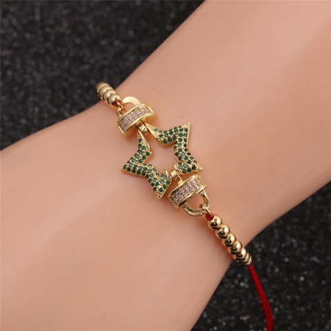 Star Pendant Bracelet Copper Gold Plated With Green Zirconia Adjustable Braided Rope Fashion Jewelry For Women