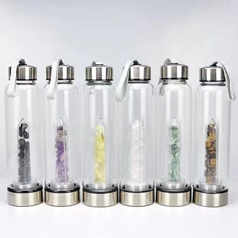 Crystal Elixir Water Bottle Natural Gemstone Infused High Borosilicate Glass With Stainless Steel Lid And Protective Sleeve