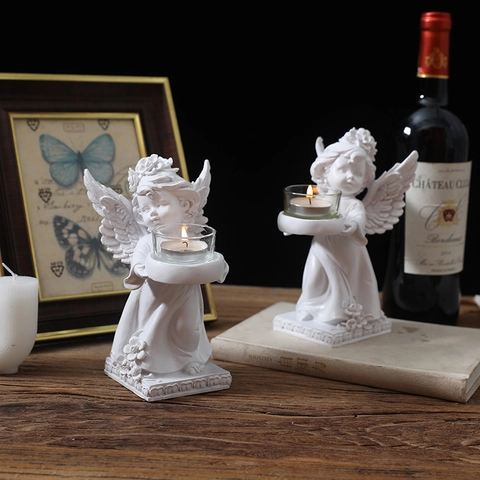 European Style Resin Angel Figurine Candlestick White Winged Cherub Statue For Home Desktop Decor Vintage Ornament