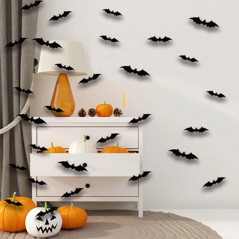 3D Halloween Bat Wall Stickers 36PCS Set Black Cardboard Glitter Bat Decals For Spooky Party Home Wall Window Decor Supplies